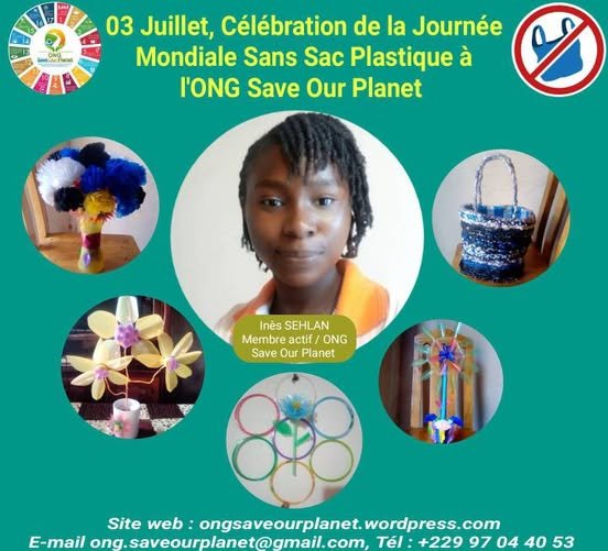 Journée mondiale sans sac plastique : l&rsquo;ONG Save Our Planet célèbre Inès Sehlan, étoile du recyclage au Bénin